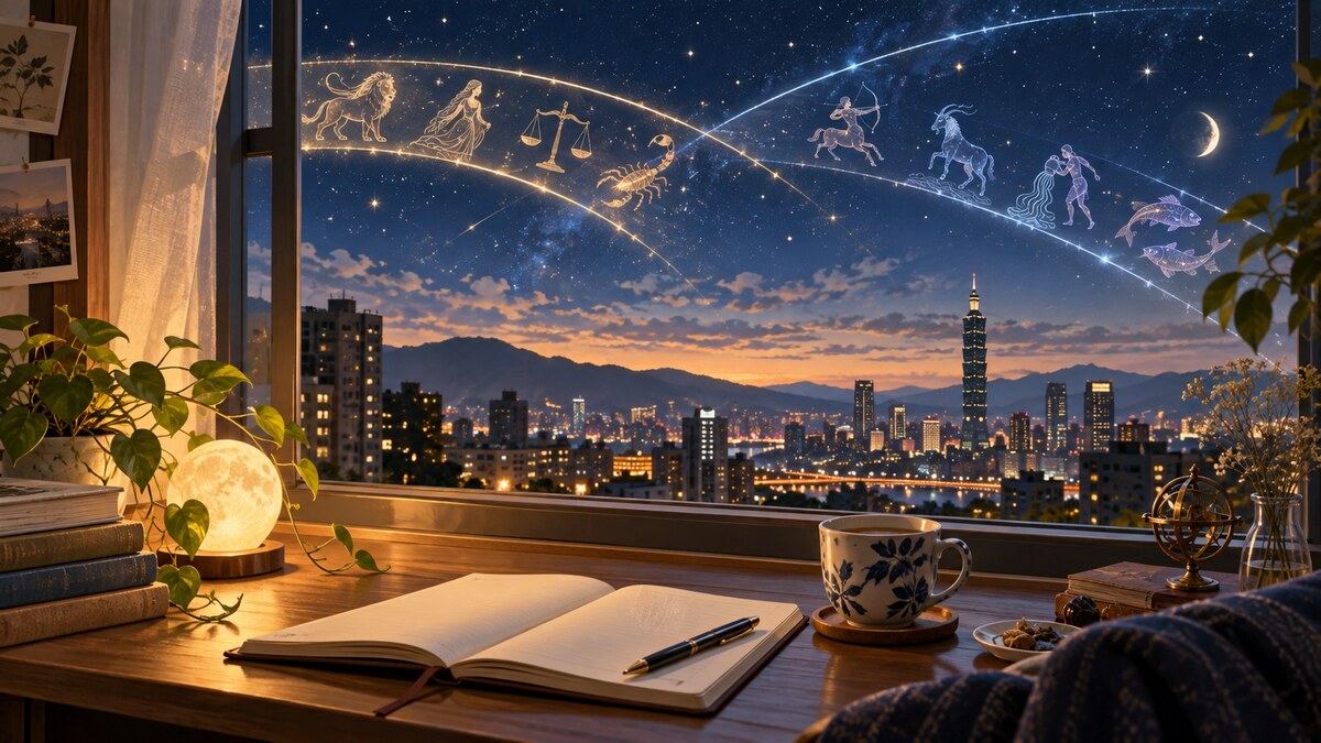 細緻插畫呈現城市黃昏上方的藝術星座符號，前景是窗邊書桌