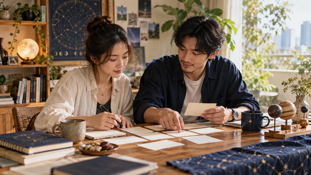 兩個人一起查看桌上的空白卡片與筆記,旁邊放著星圖冊