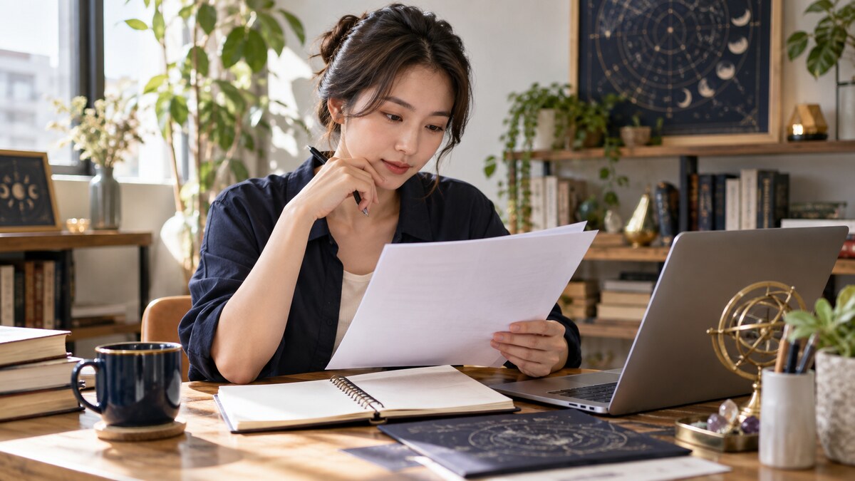 一位成年人在家中桌前核對紙張與筆記，桌上有筆電和星圖插畫書
