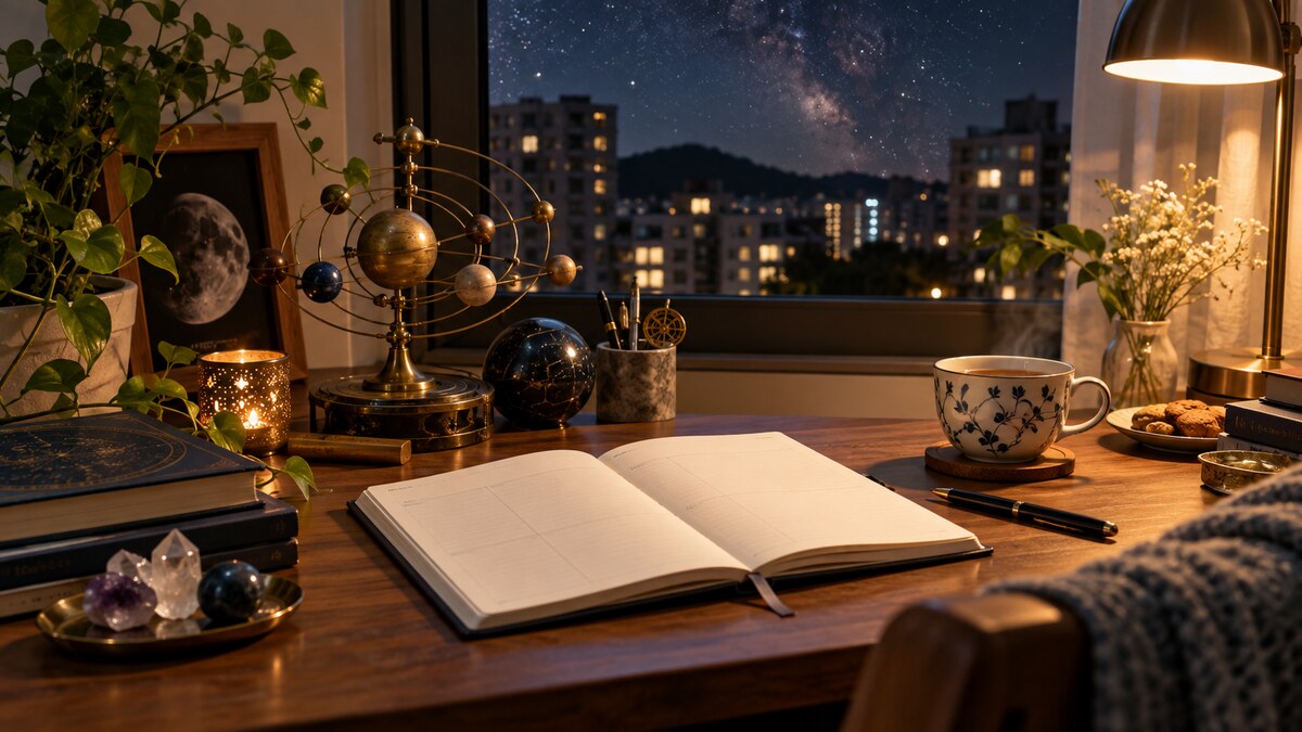 夜間窗邊桌上放著打開的筆記本、茶杯與星空裝飾