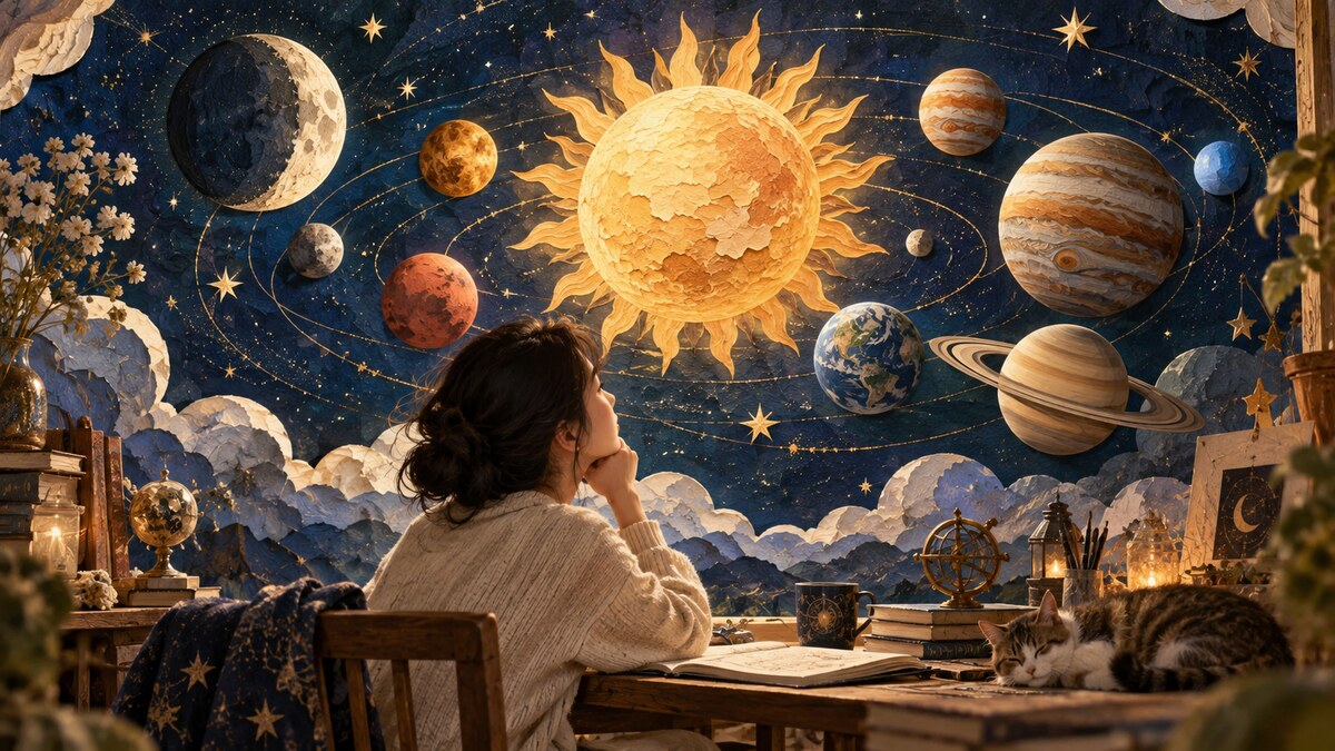 讀者坐在桌前觀看太陽、月亮與行星的細緻藝術插畫