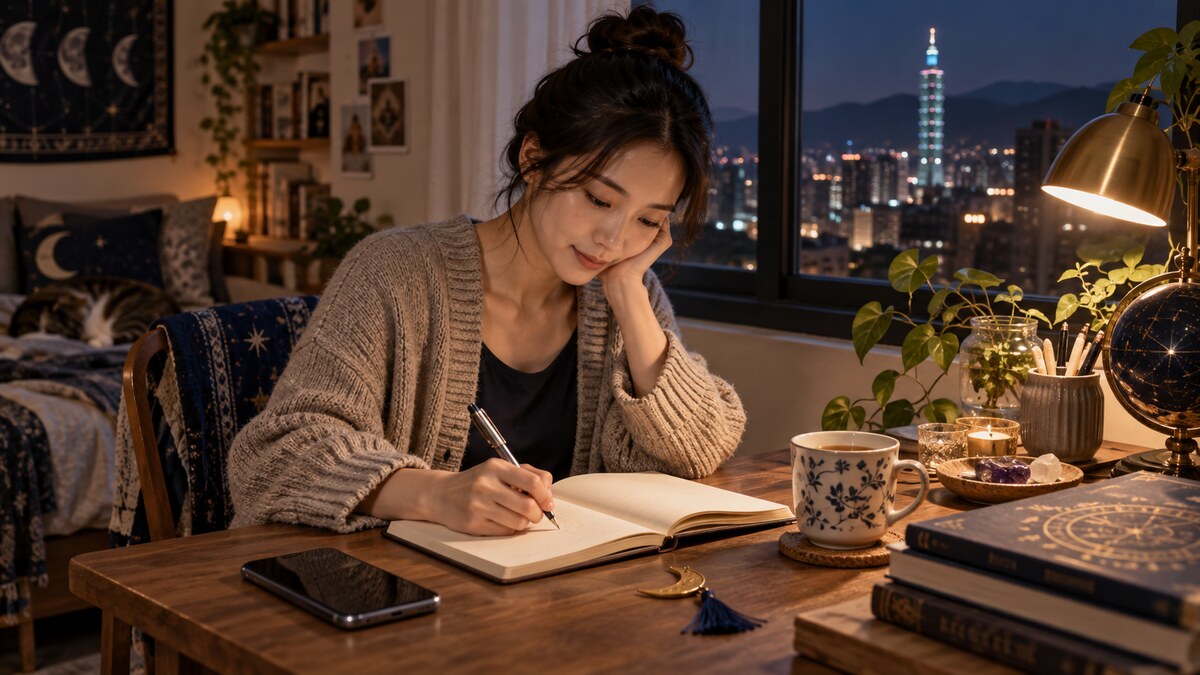 一位成年人在夜晚窗邊書寫筆記，桌上放著茶杯與檯燈