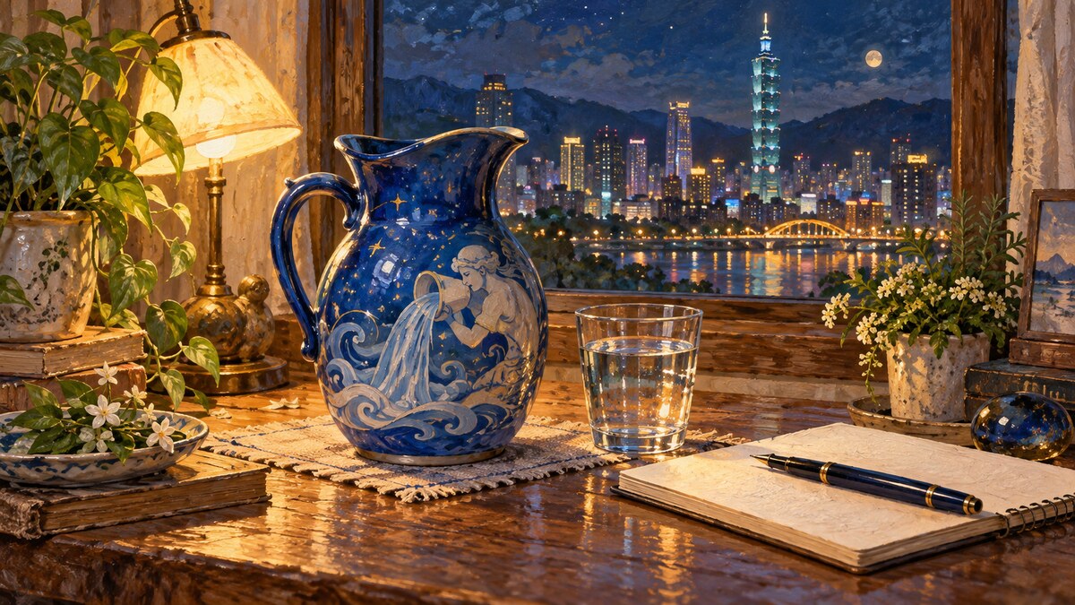 油彩風格插畫中,藍色陶瓷水壺、水杯與筆記本放在窗邊木桌上,背景是城市夜景。