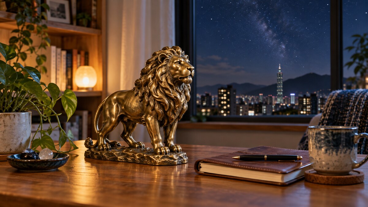 書桌上擺著金色獅子雕飾與筆記本,窗外是城市夜景