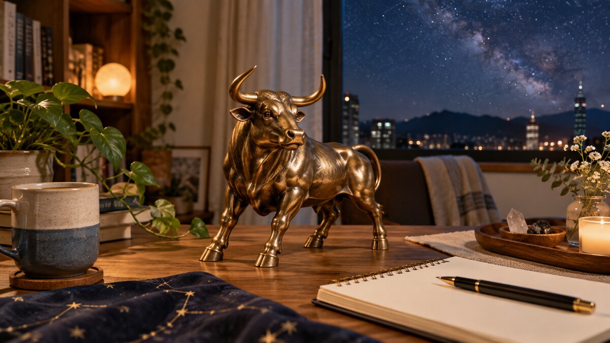 夜晚書桌上放著金色公牛擺飾、星圖布與筆記本