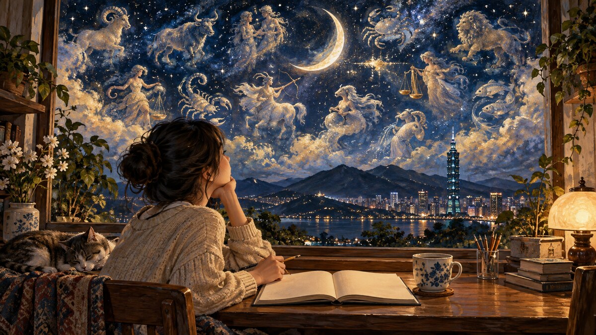 讀者在台灣住家的窗邊書寫，藝術夜空中有月牙與星座象徵