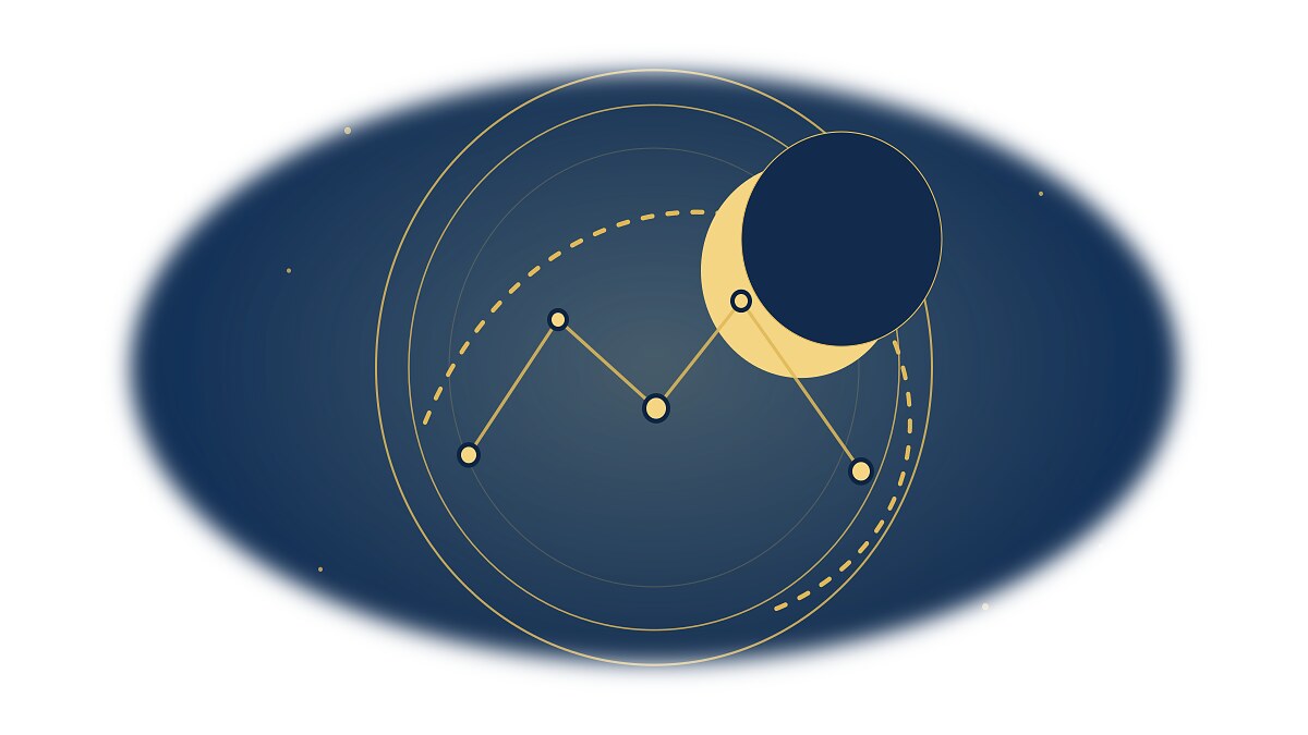 墨藍與金色的年度星象插畫，中央星盤連結十二星座符號