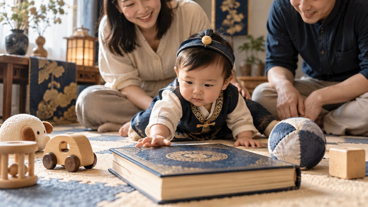 幼兒在地墊上伸手探索書本與大顆玩具,兩位家長在旁陪伴