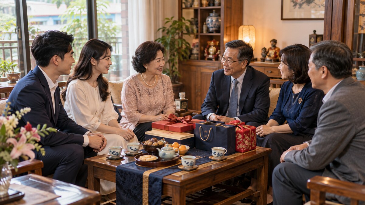 兩位成年人和家人在客廳圍桌聊天，桌上擺著茶點與禮盒