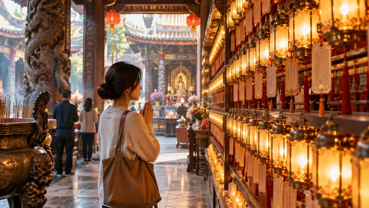 一位成年人站在廟內祈福燈旁合掌，燈架散發暖光