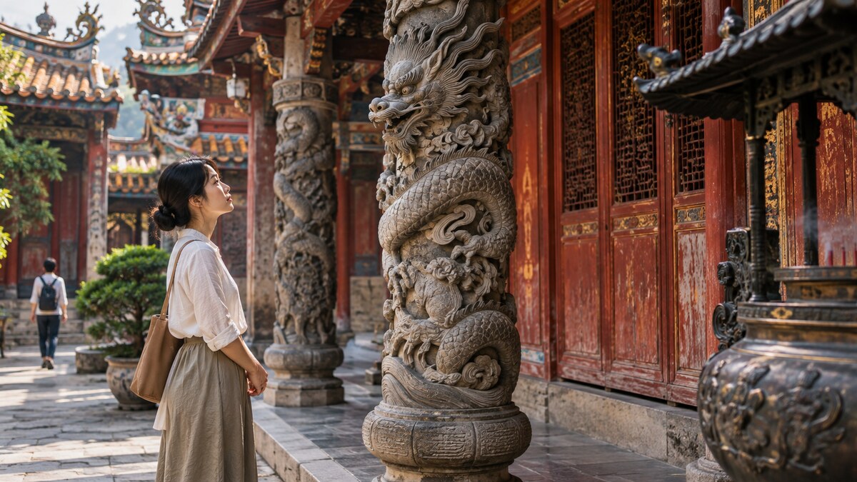 一位訪客站在台灣廟宇側院的石雕龍柱旁，前方留有通行步道
