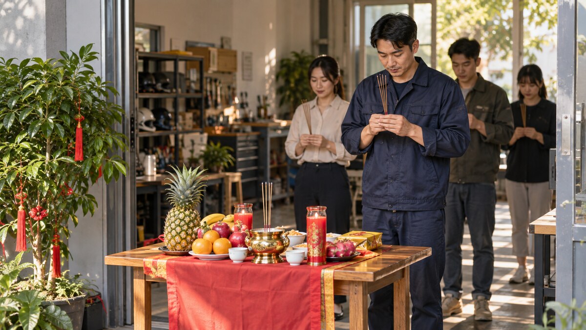 店家門口供桌擺著水果與茶杯,幾位成年人在旁合掌