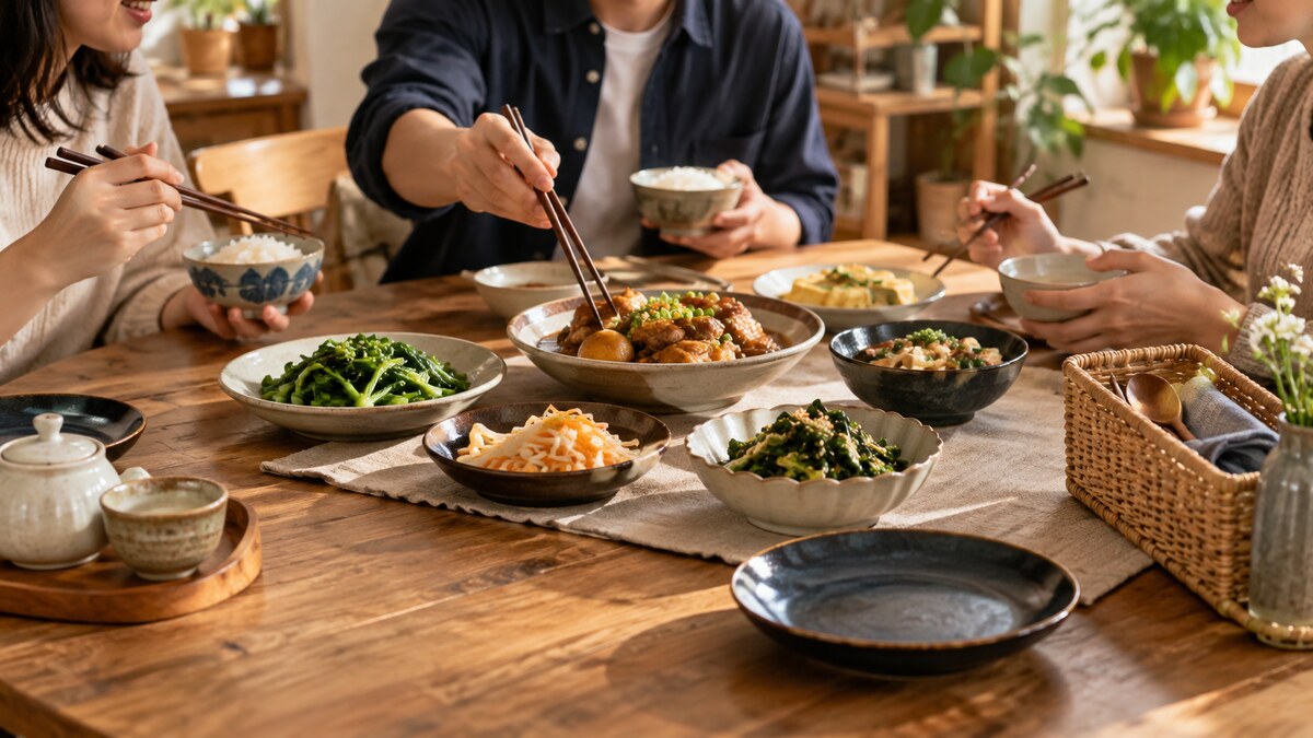 三位成人圍著木餐桌用餐，桌上擺著青菜、豆腐、滷菜與飯碗，側邊有餐具籃。