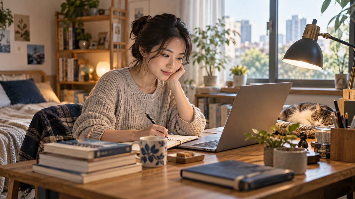 一位成人在窗邊書桌使用筆電並寫筆記,桌上有檯燈、書本與馬克杯,貓在旁休息。