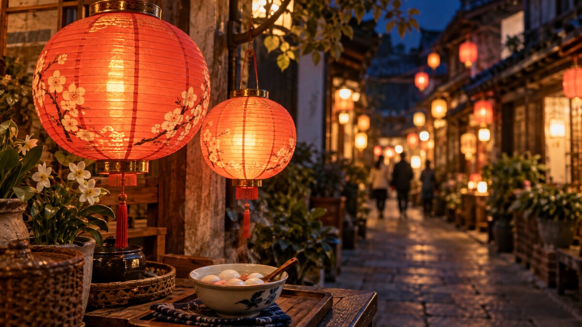 台灣老街掛著暖紅燈籠,桌上放著一碗湯圓