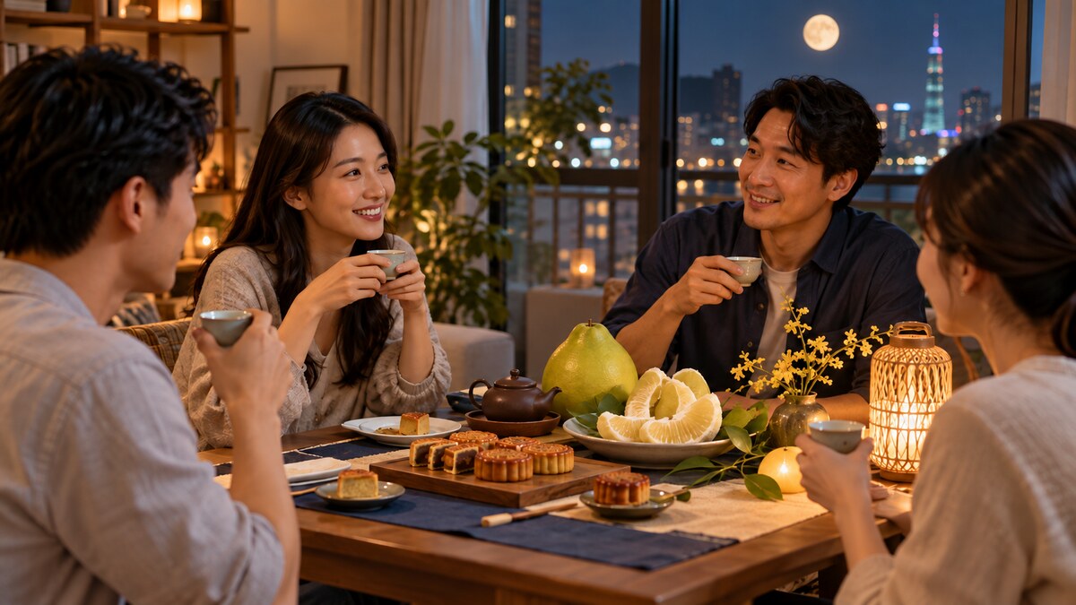 四位成人在家中餐桌分享月餅、柚子與茶,窗外可見月亮與城市夜景。