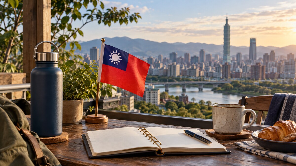 木桌上放著中華民國國旗、水壺與空白筆記本,遠處可見台北101與城市景觀。