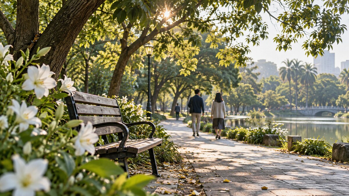 公園步道旁有空長椅與白花,兩位成年人在遠處安靜散步