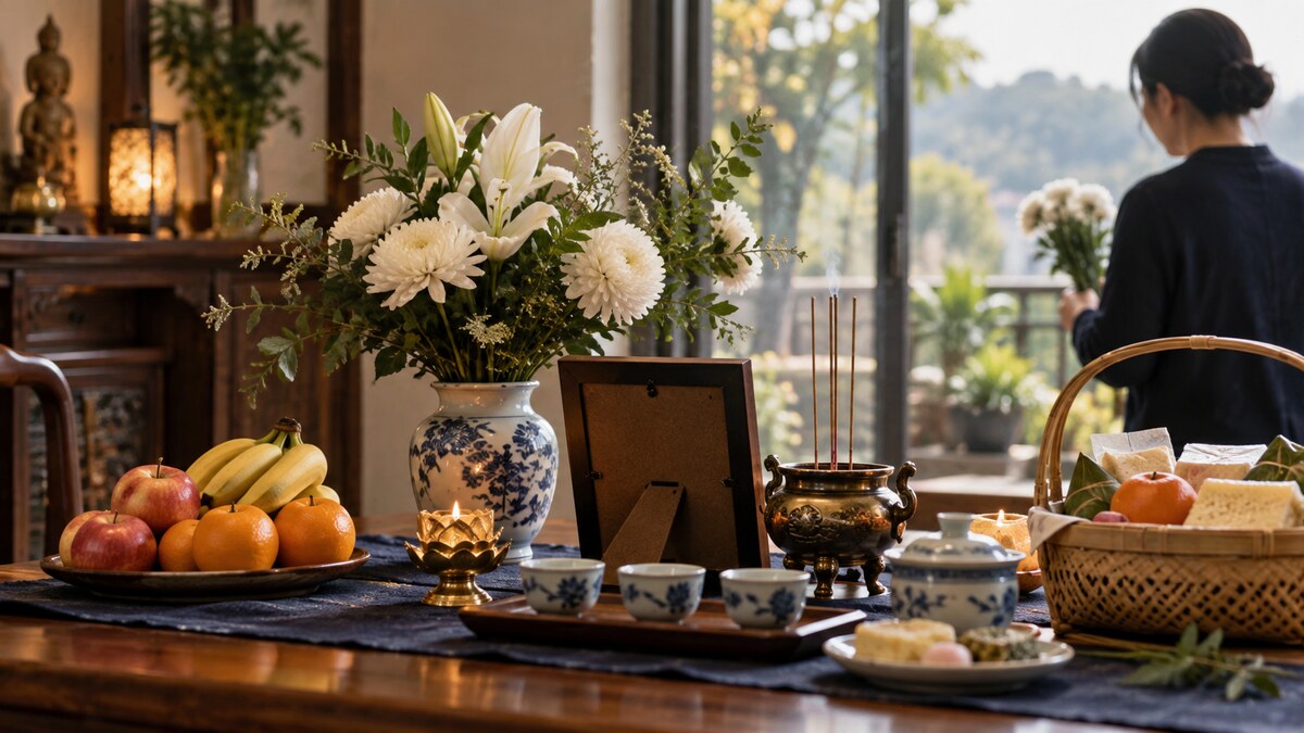家中追思桌擺著白花、水果、茶杯與相框,有人站在窗邊