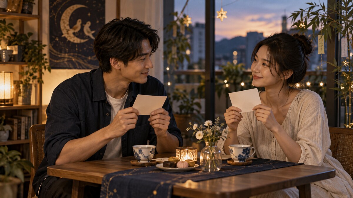 兩位成年人在窗邊桌前交換小卡片,桌上放著茶杯