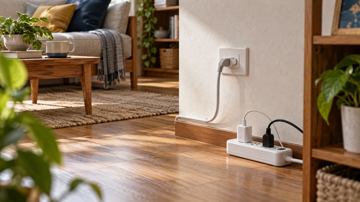 乾燥客廳牆邊有接上小型充電器的延長線,電線沿牆整理