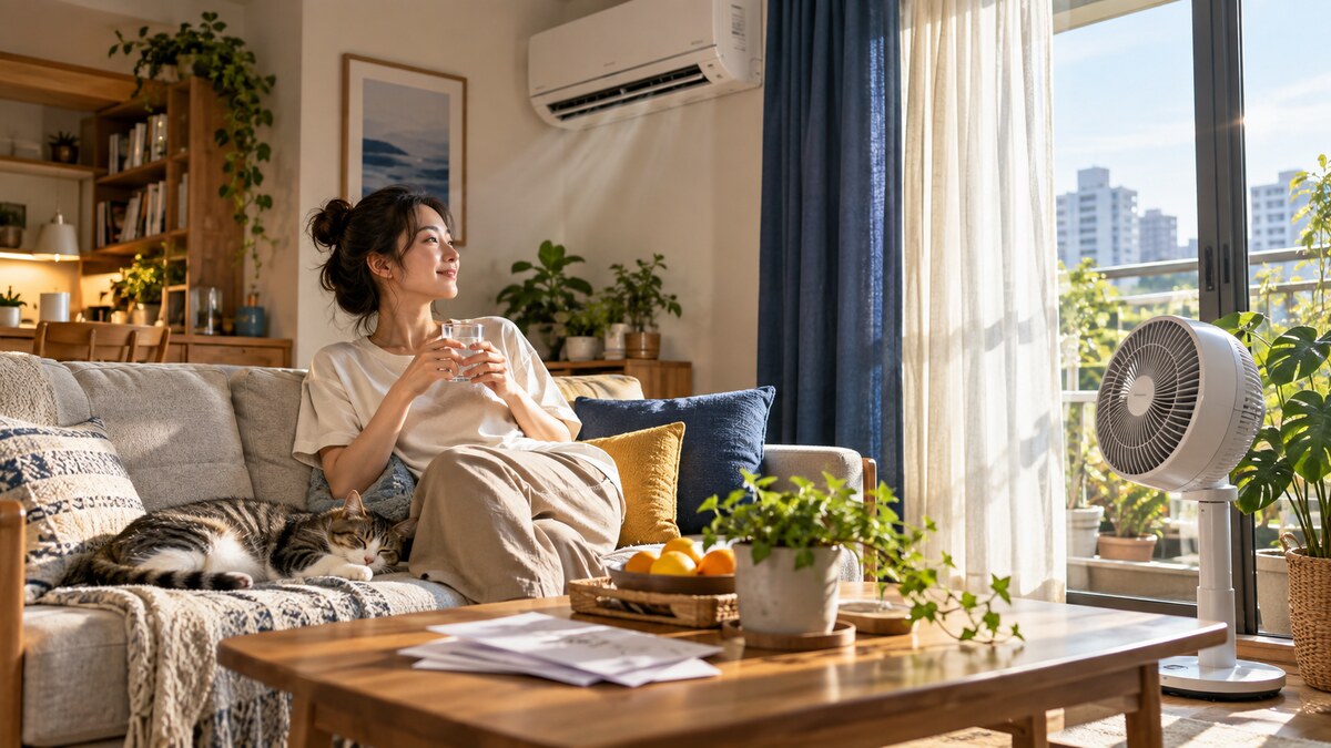 一名女子坐在明亮客廳，身旁有電風扇，牆上裝著冷氣機