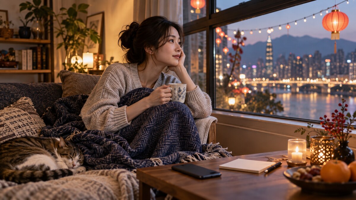 一名女子裹著毯子坐在窗邊喝茶,遠處可見節日燈飾與城市夜景