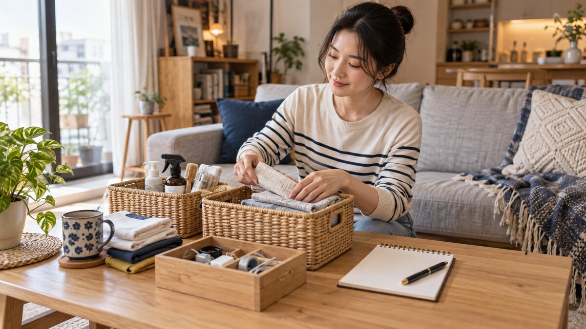 一名女子坐在客廳整理桌上的籃子與日常用品