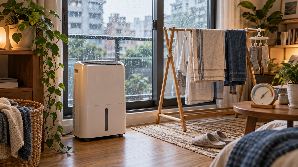 下雨時的客廳放著除濕機與晾衣架,旁邊有溫濕度計