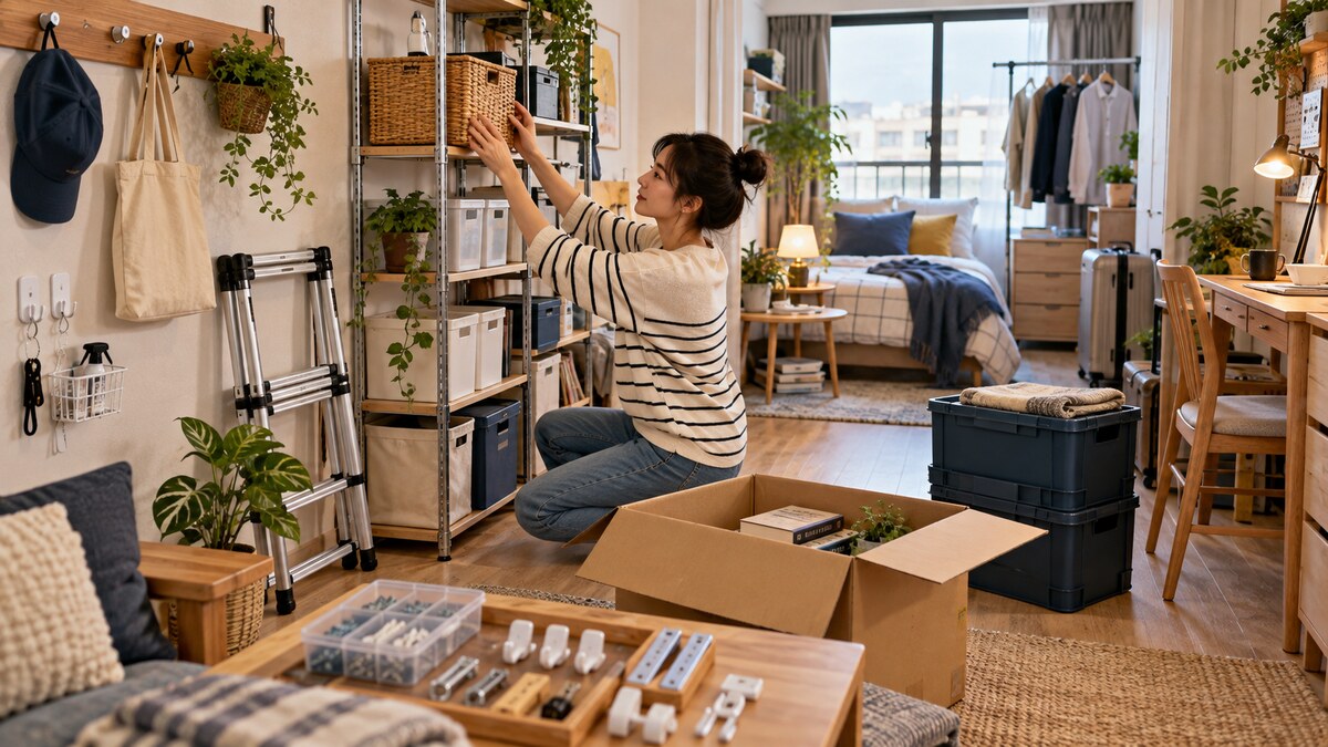 一位成年人在租屋空間整理層架與掛衣,地面有搬家箱和分類用品