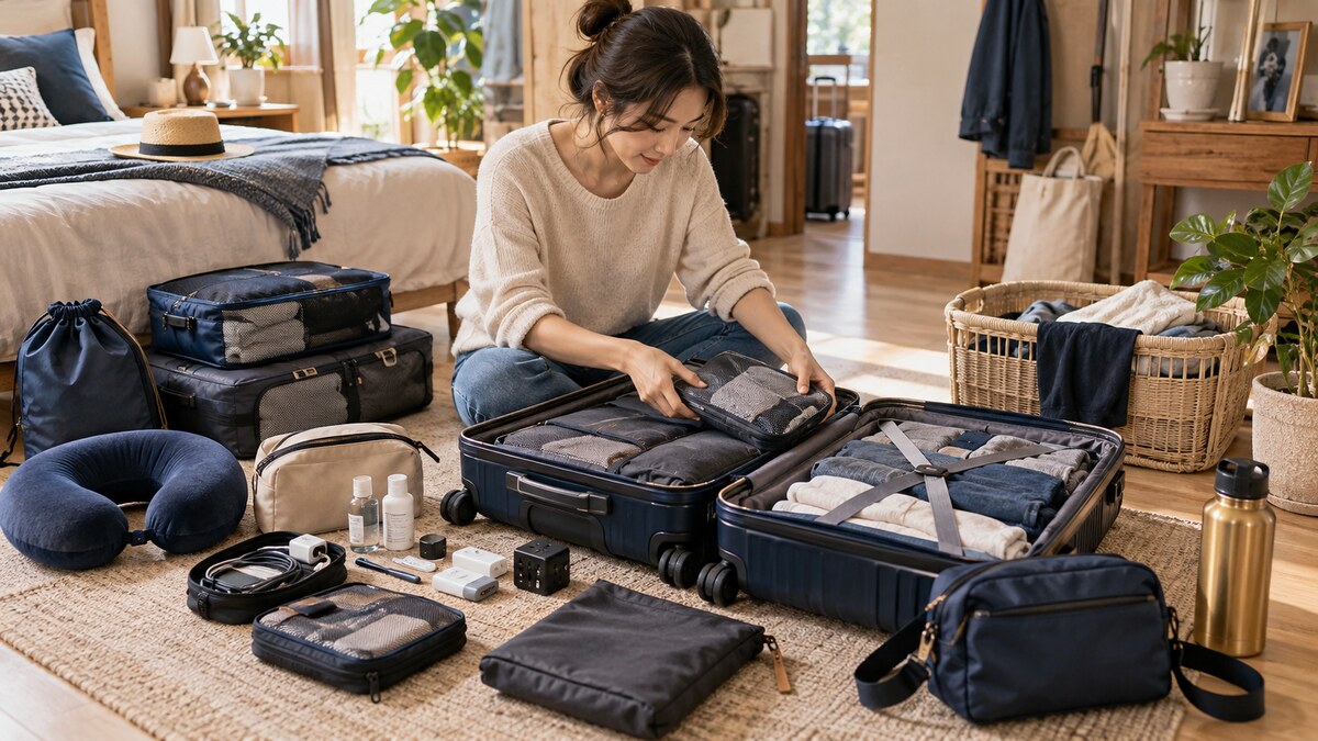 一位成年人在臥室打包行李，衣物、收納包與旅行用品分區放在地墊上