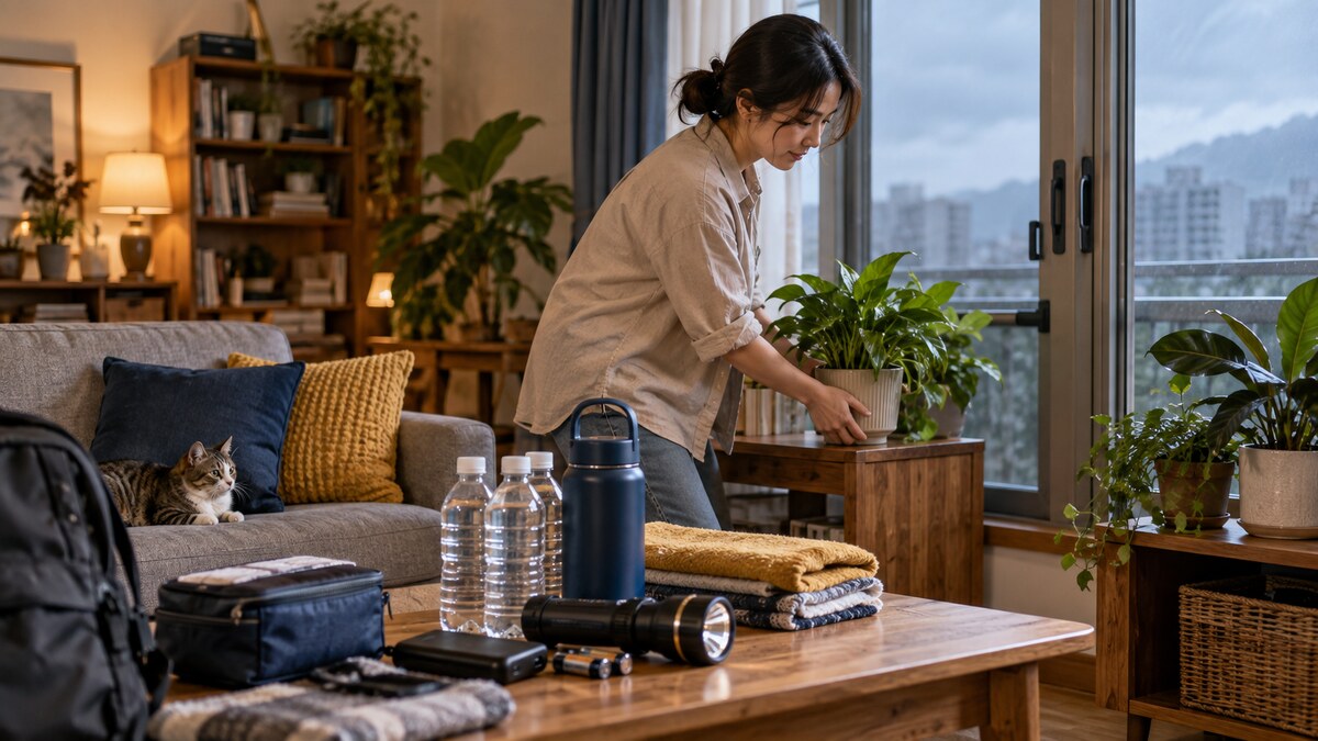 一名女子在屋內整理盆栽,客廳桌上備有飲水、手電筒與背包