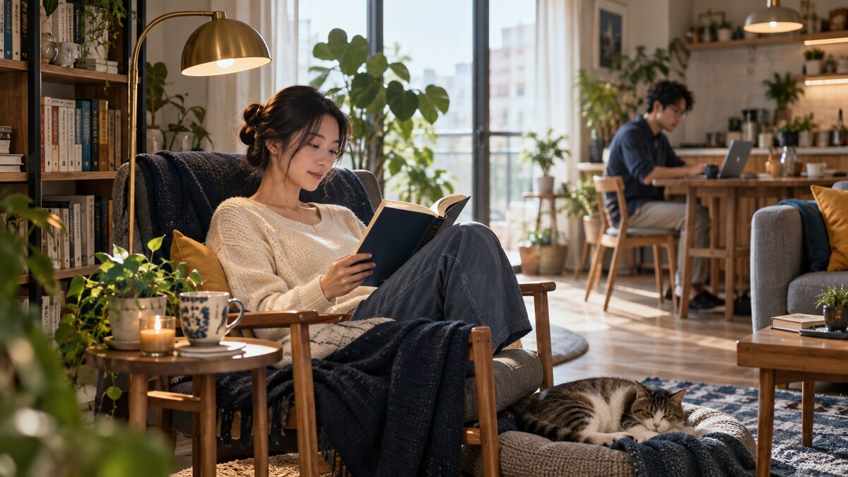 一位成年人在客廳獨自閱讀，另一人坐在遠處工作，兩人保有各自空間