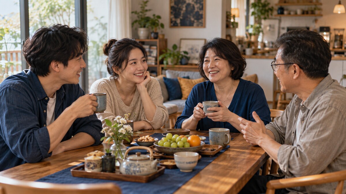 成年伴侶與兩位家人在客廳圍桌聊天，桌上有茶點與水果