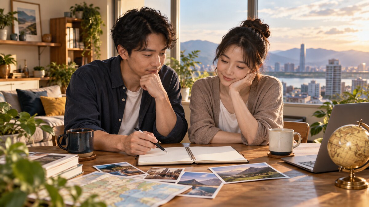 兩位成年人在窗邊一起書寫計畫，桌上有照片、筆記本與地球儀