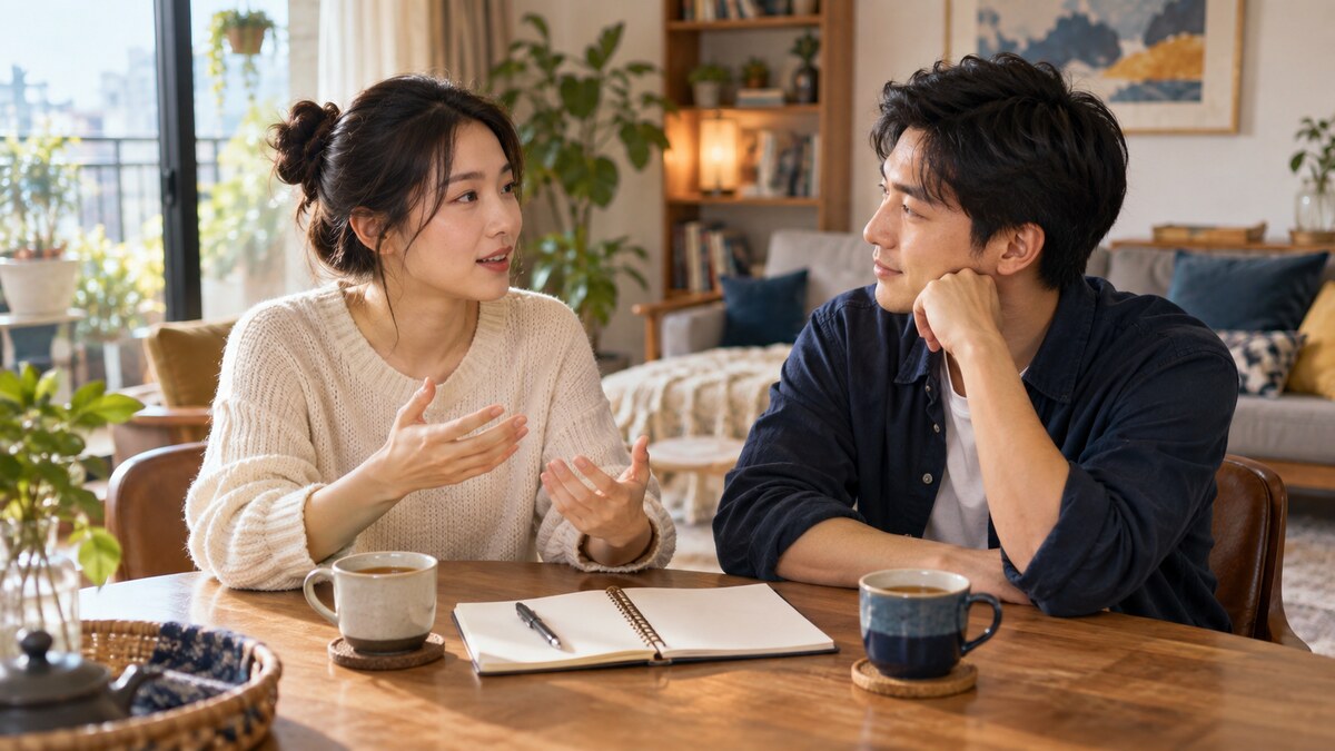兩位成年伴侶在家中桌邊交談,桌上有茶杯與空白筆記本