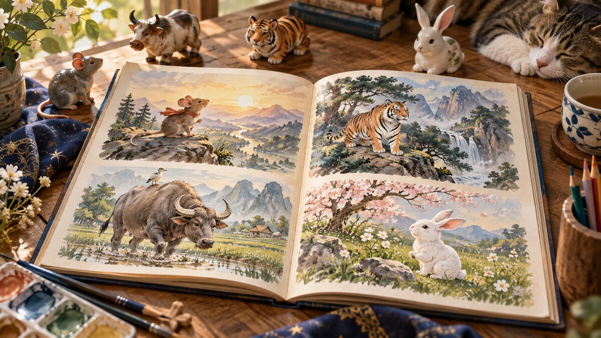 插畫書呈現鼠、牛、虎與兔的故事畫面，桌旁有動物陶偶與畫筆