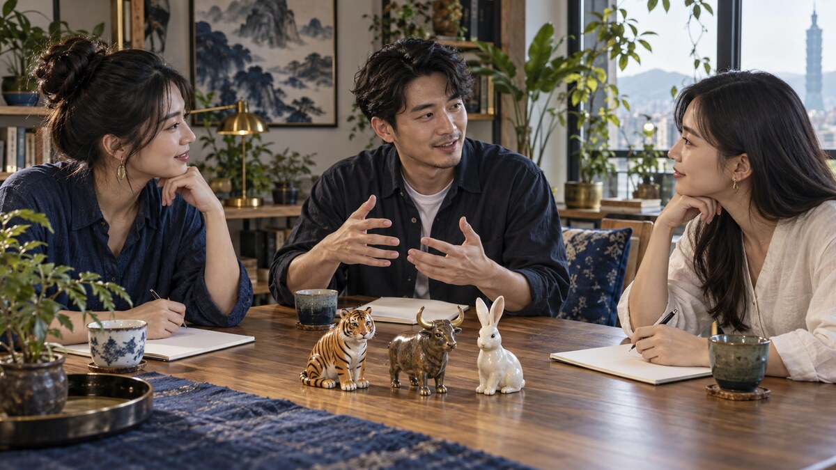 三位成年人在桌邊討論,桌上擺著虎、牛與兔的小陶偶